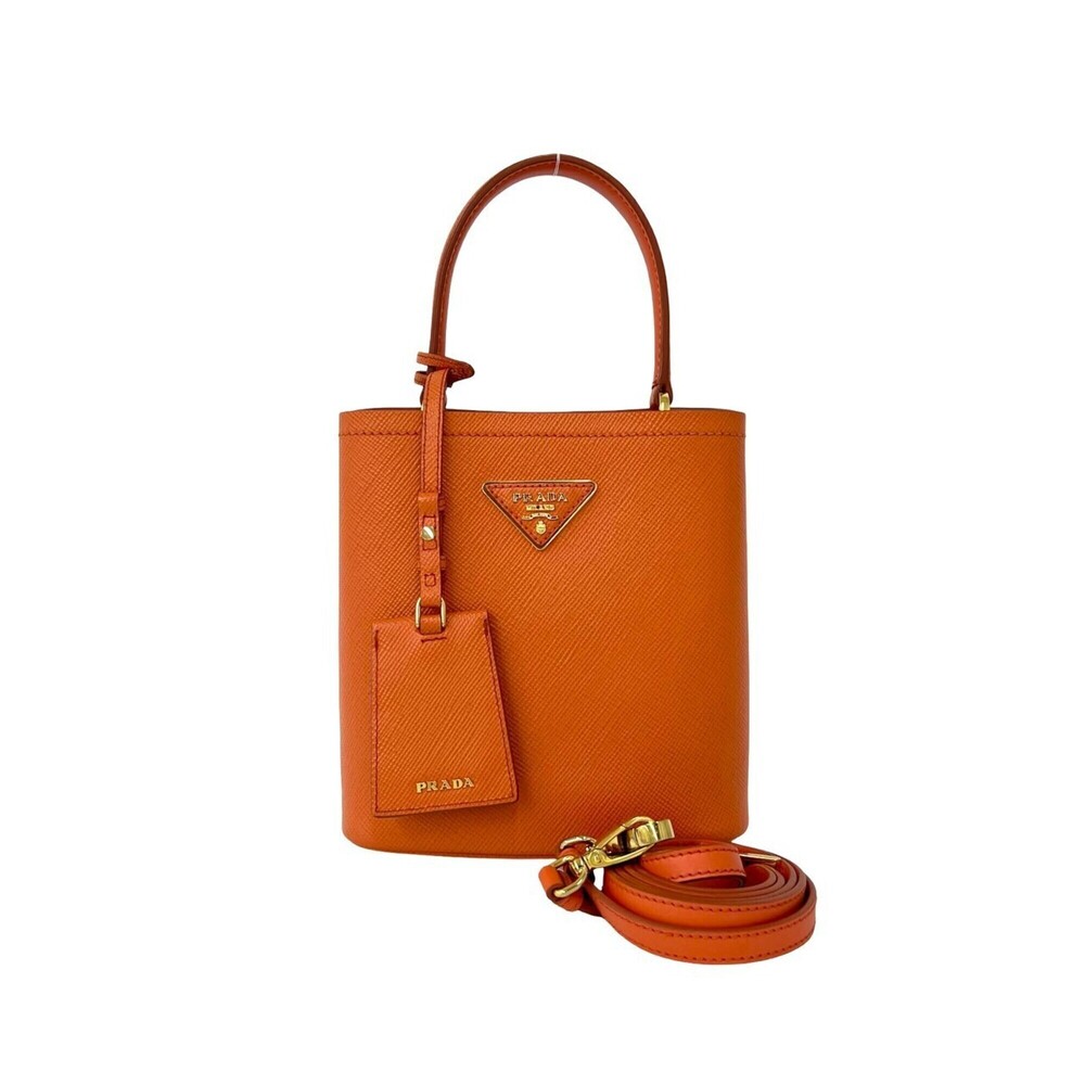 PRADA Panier Triangle Logo Plate Hardware Saffiano Leather Genuine 2-way Shou...